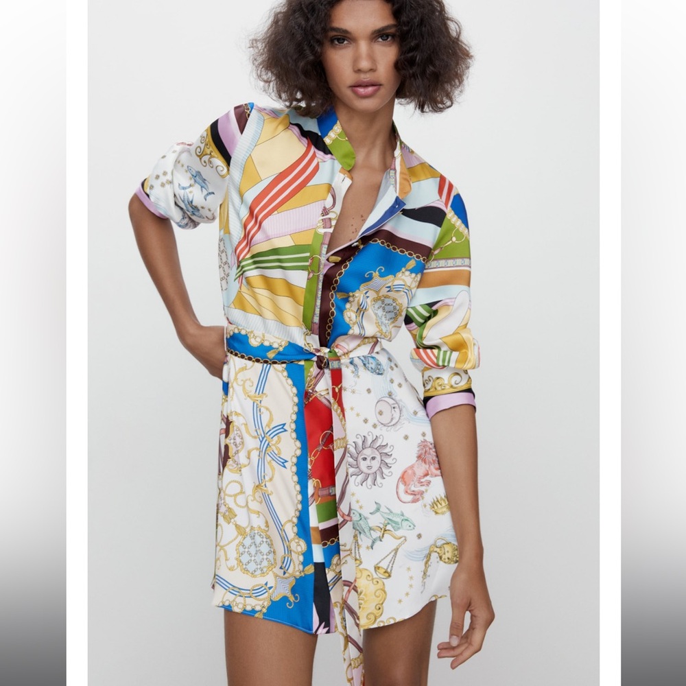 Zara Scarf Print Shirt Dress Shirtdress Belted